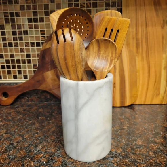Genuine Marble Utensil Holder Crock Kitchen Modern Organic White Gray - Picture 1 of 6